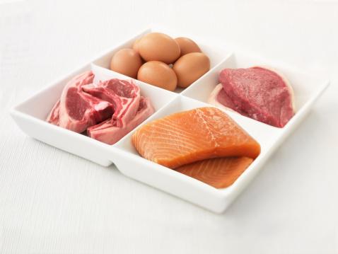 Eggs, pork, salmon and steak