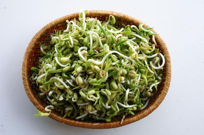 Fresh soy bean sprouts in wicker basket