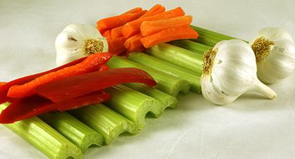 Celery, garlic, carrots and red peppers