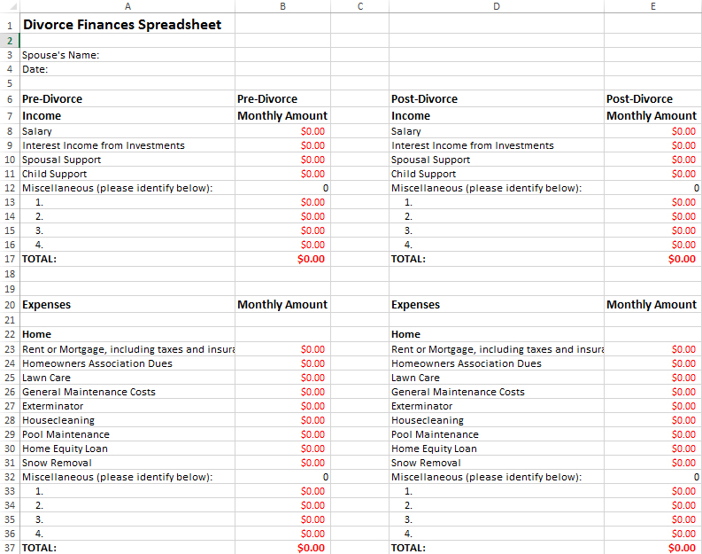 Divorce Finances Spreadsheet  LoveToKnow