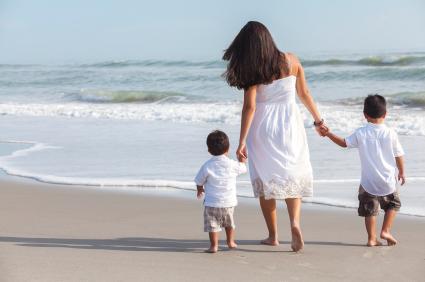 Mother and kids holding hands on beach