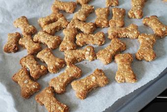 Homemade dog biscuits on a baking tray