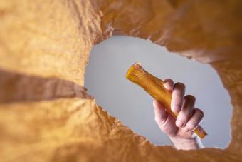 A hand places a pet treat in a paper bag