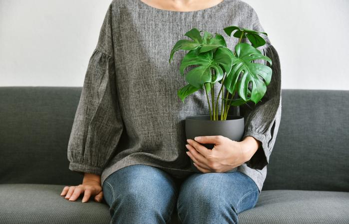 Woman sitting with sympathy plant
