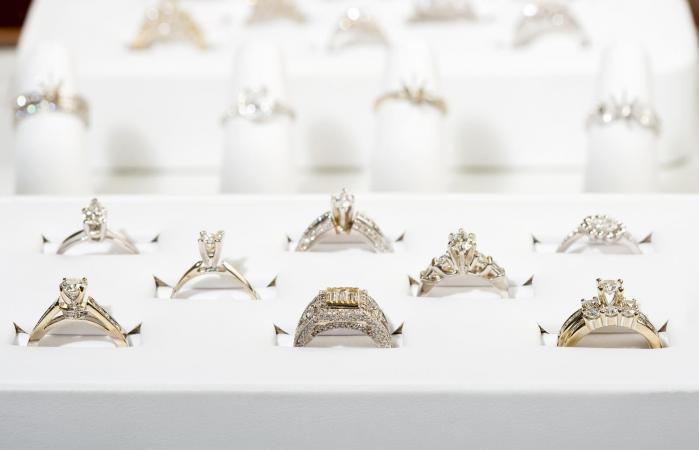 Engagement rings in display case
