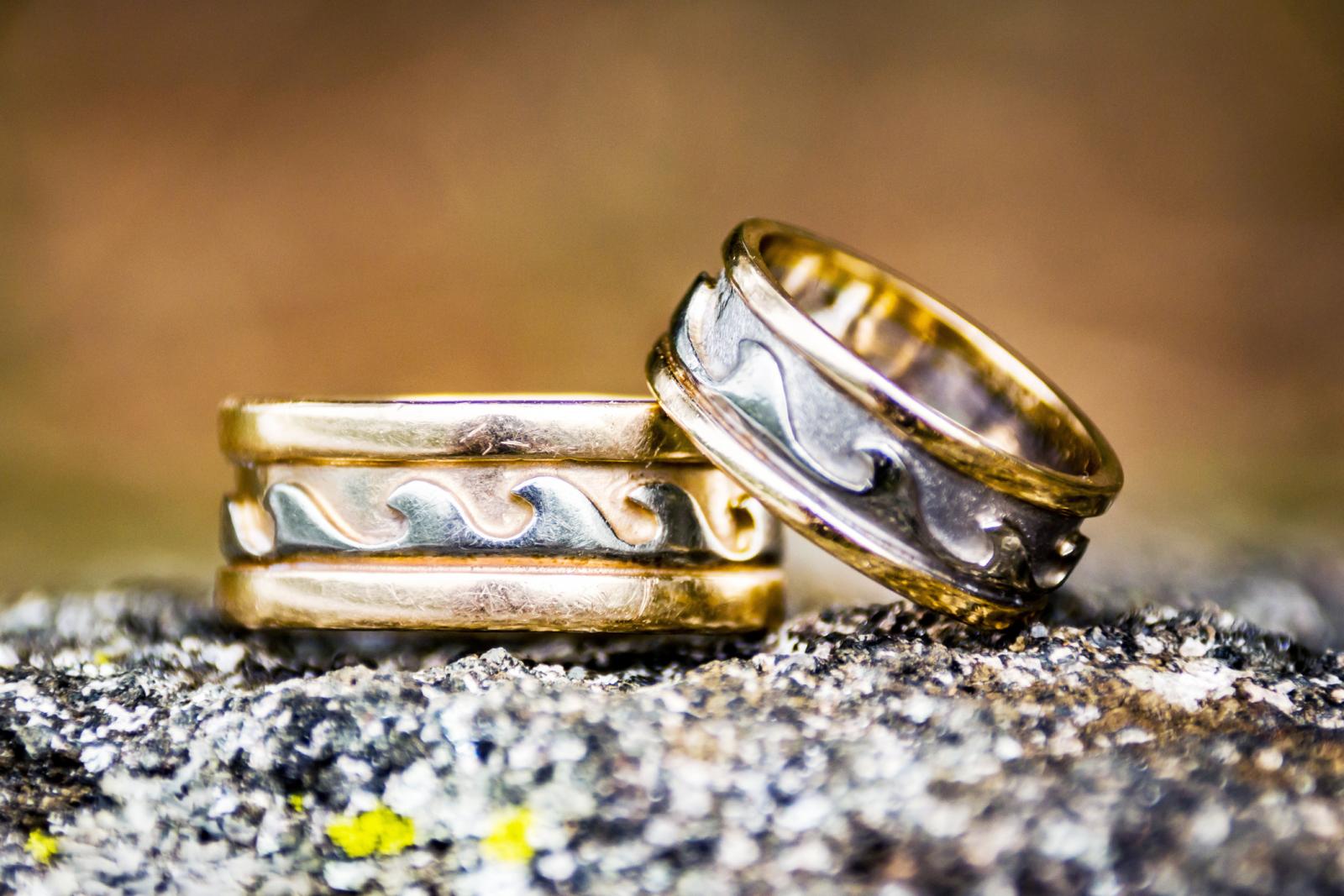 Pair of weathered wedding rings with a wave design
