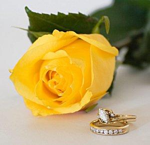 Wedding ring set next to a yellow rose