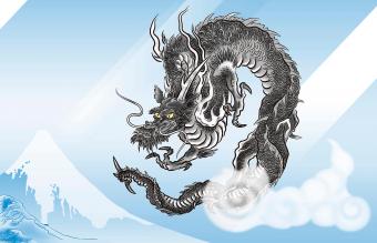Dragón negro japonés frente a una montaña nevada