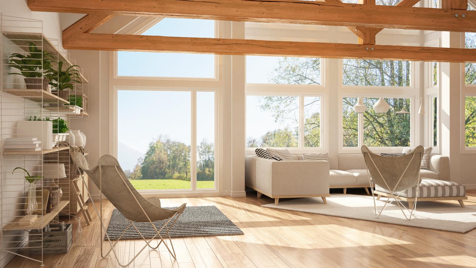 Salón de la casa ecológica de lujo decorada con feng shui