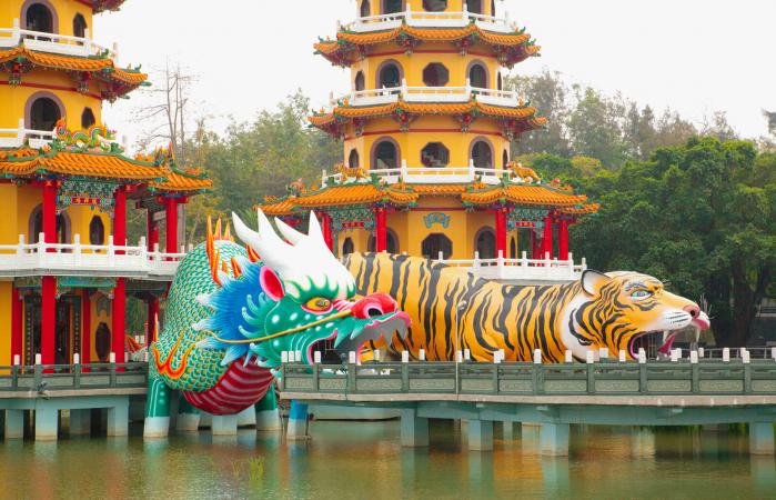 Dragón y tigre en el lago Lotus