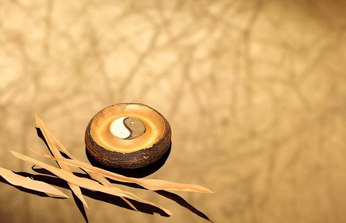 Yin y yang de madera con hojas de bambú