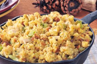 Cornbread stuffing in a skillet