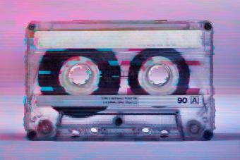 Frontal view of a cassette audio tape with glitch vhs effect