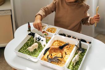 Little girl playing with farm animals in sensory bin