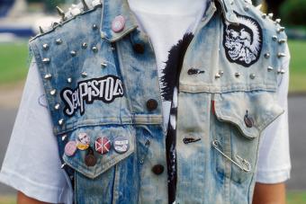Sex Pistols Fan: close up detail of studded denim jacket - Getty Editorial Use