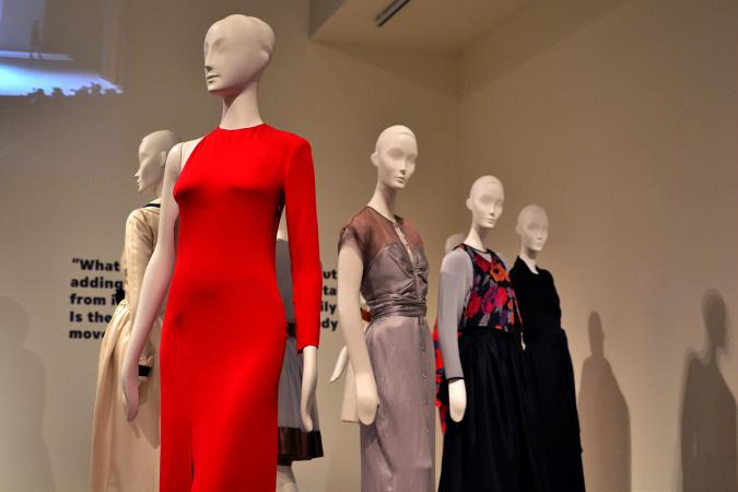 Dresses on display in the Geoffrey Beene fashion exhibit at Kent State Fashion Museum