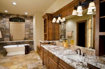 Brown bathroom with marble counter