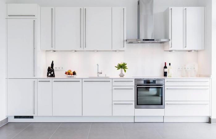 Modern kitchen design with white cabinets