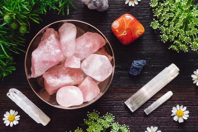 Rose quartz, selenite, and other crystals