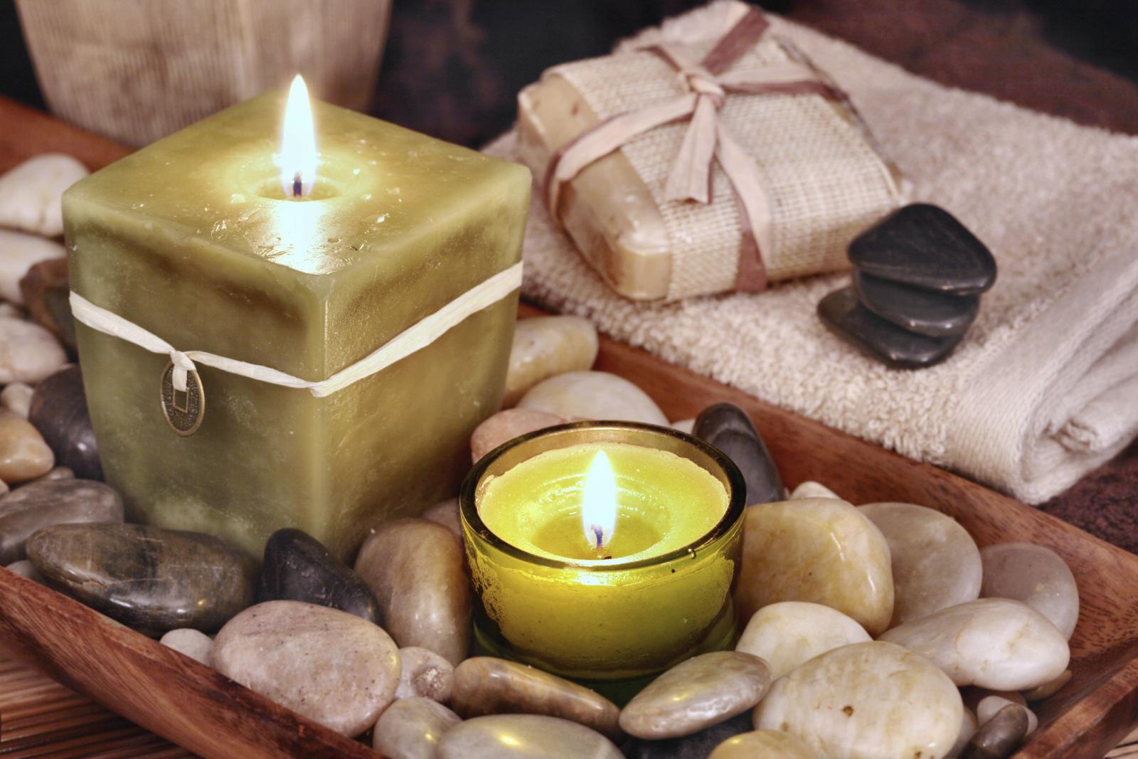 Feng Shui Tranquility with stones, candles, soap in neutral tones