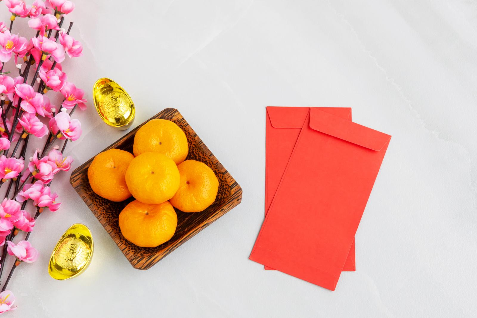 Mandarin orange, Golden Ingots, Cherry Blossom, Red Envelope