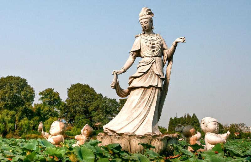 Statue De Jardin Bouddha Kwan Yin 74 Cm - En Fibre D'argile, Pour Intérieur Et Extérieur
