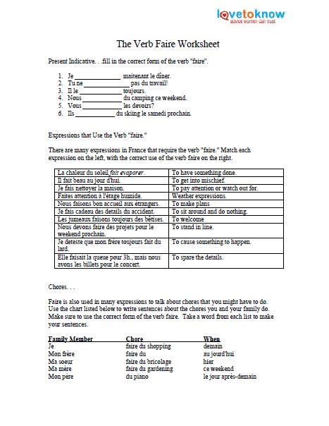 verb faire printable worksheet lovetoknow