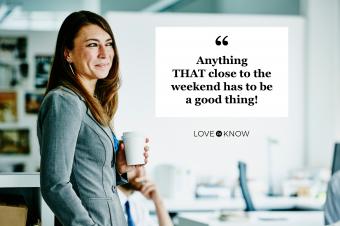 happy woman with coffee in office on Thursday