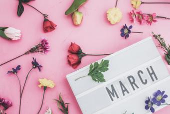 March word in lightbox with some flowers around