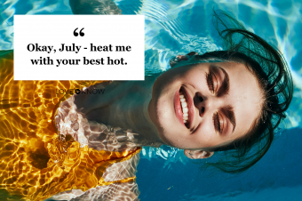 Beautiful girl in a yellow swimsuit swims in the pool and smiling