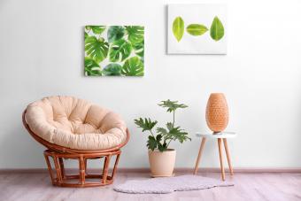 Stylish room interior with tropical leaves and papasan chair 