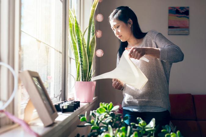 Woman watering the plants at her home