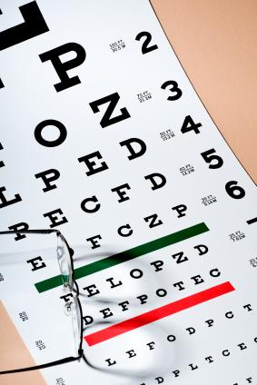 Pair of glasses atop an eye-exam chart