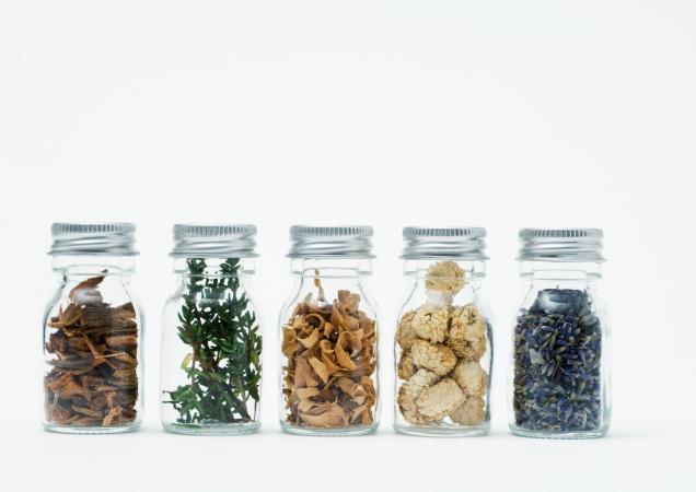 Bottles of dried herbs