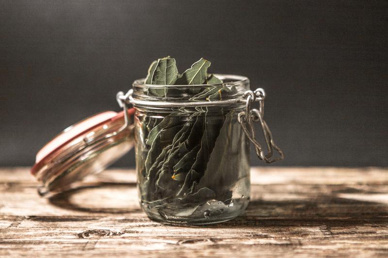 Лавровый лист на стеклянной банке