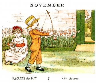 Kate Greenaway Almanack for 1884, an illustration for the month of November 