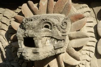 Feathered Serpent serpent head in the Temple of the Feathered Serpent in the archaeological Aztec site of Teotihuacan