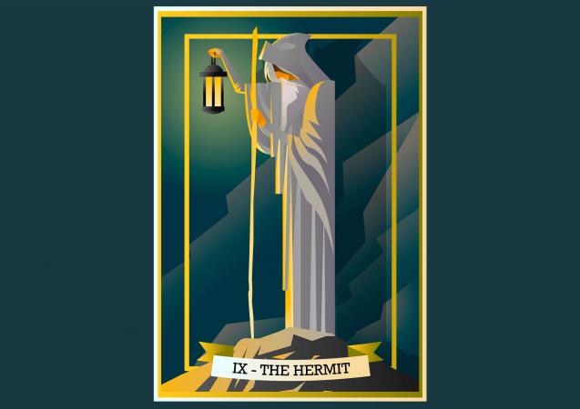 Hermit tarot card on grey background