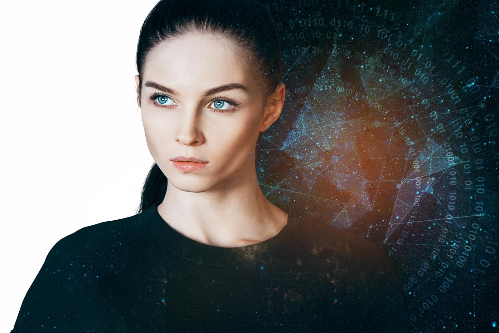 Woman on abstract space background with numbers