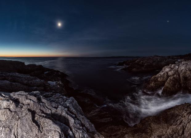 Mercury, Venus, Saturn, Mars, Jupiter, our Moon and Earth together in pre-dawn light