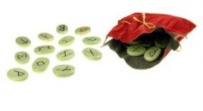 Viking runes and draw-string bag.