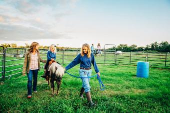 women walking miniature horse