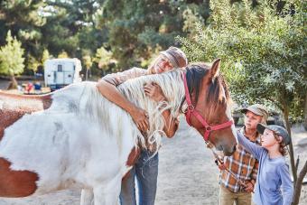 Woman with two sons cuddling with a horse