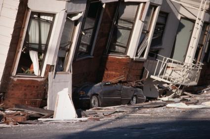 Row houses with earthquake damage