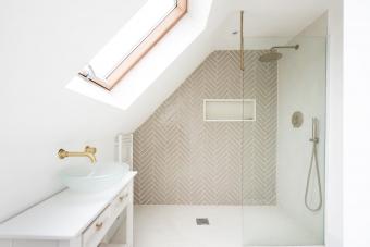 A general interior view of a white bathroom