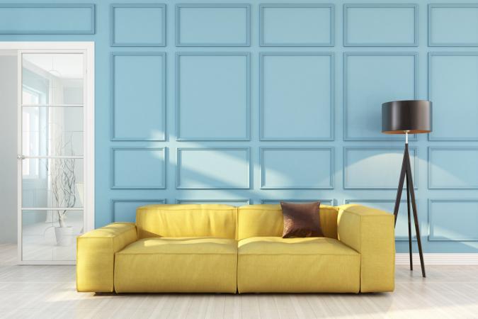 Yellow and blue midcentury living room