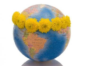 Globe draped with a floral wreath