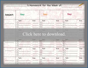 Weekly Homework Chart by Subject