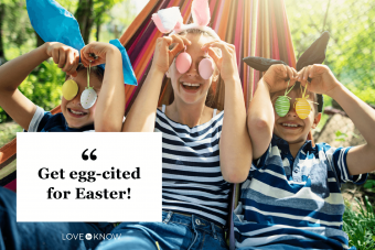 Three kids playing with Easter eggs found in the back yard