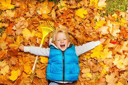 preschooler laying in autumn leaves